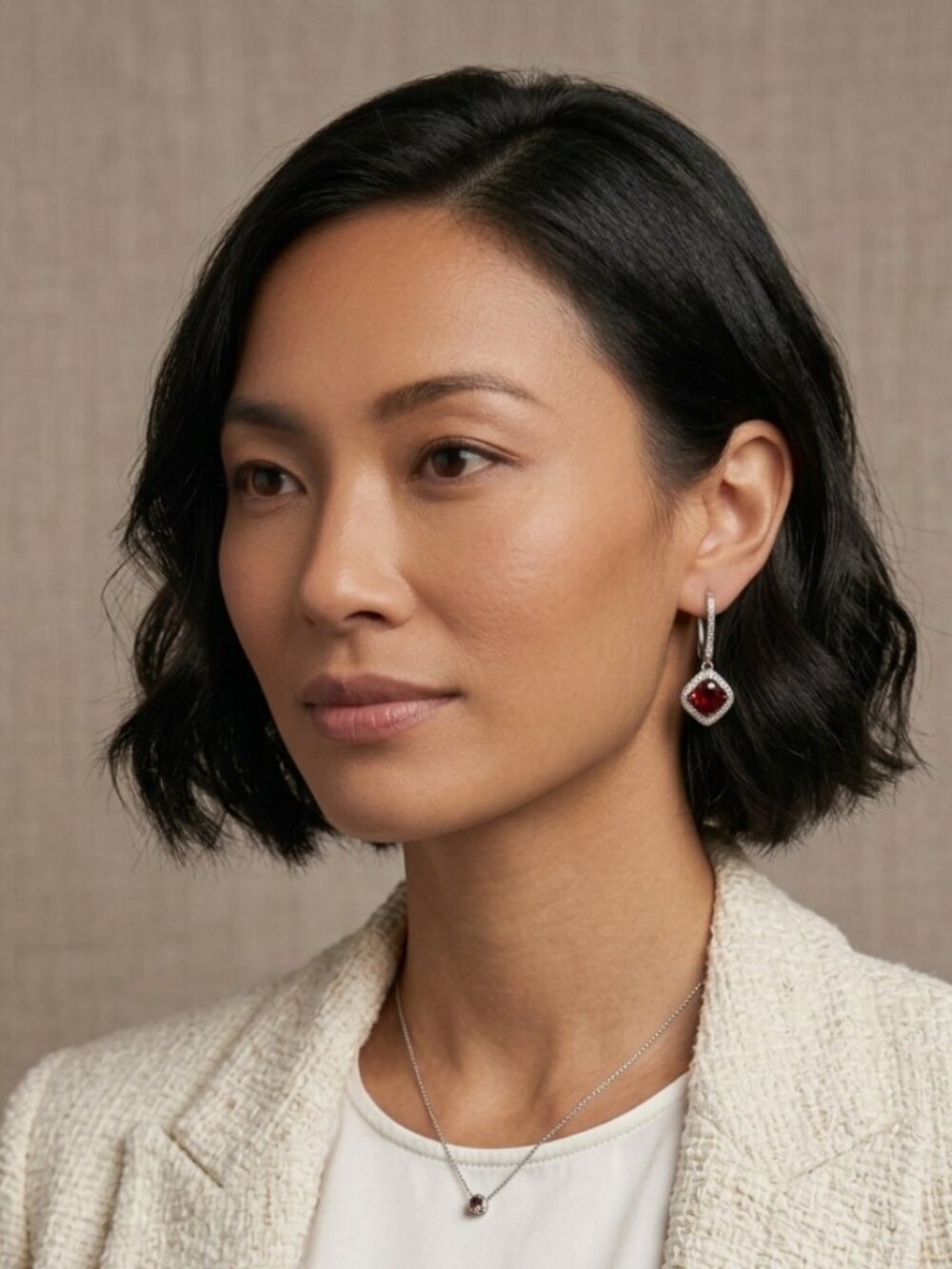 Cushion-Cut Red CZ & Crystal Halo Drop Earrings - Picture 4 of 5